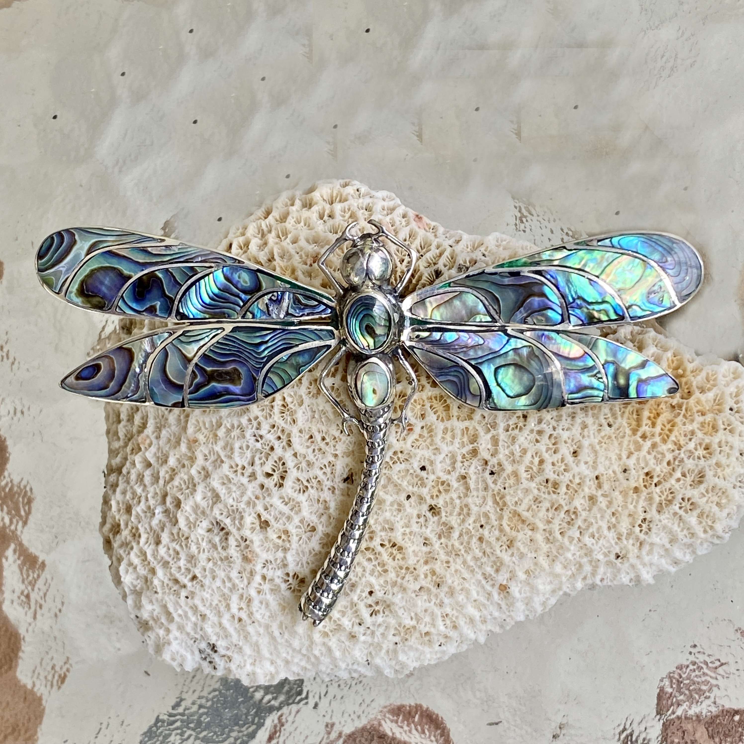 (HANDMADE 925 BALI SILVER DRAGONFLY PENDANT WITH ABALONE)